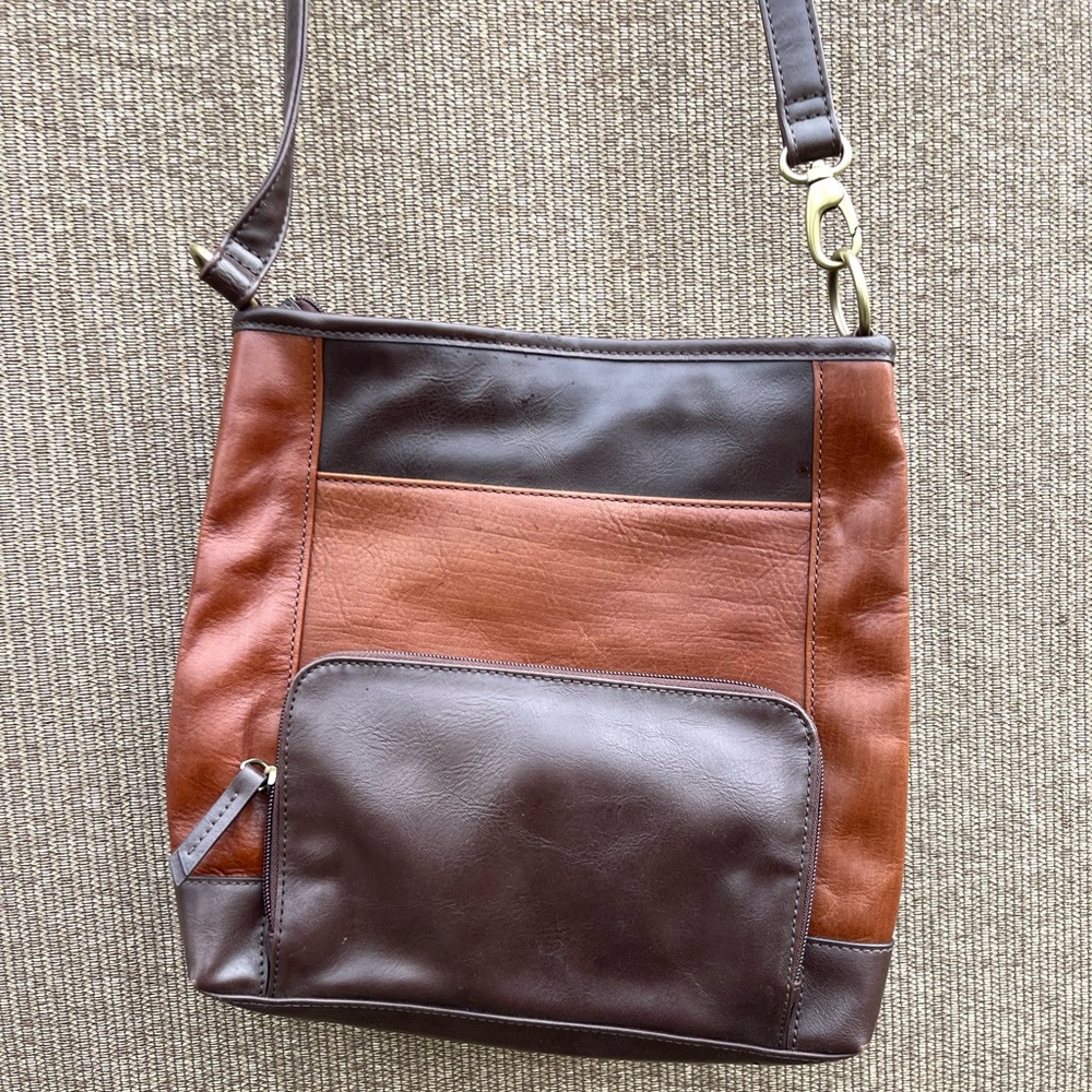 Tignanello Brown Leather Crossbody Bag Multi Zip Pocket - Picture 6 of 14